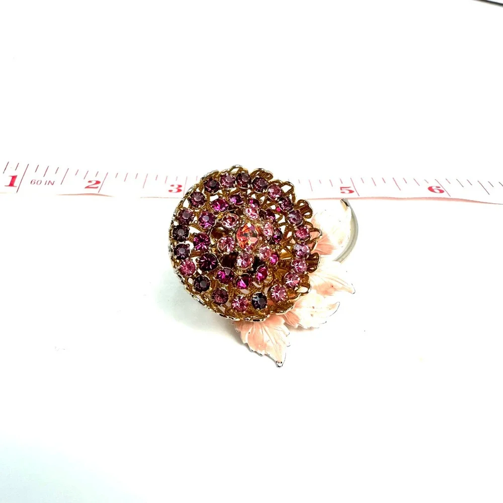 Vintage Gold Tone Purple Rhinestone Pink Enamel Leaf Floral Filigree Brooch Pin
